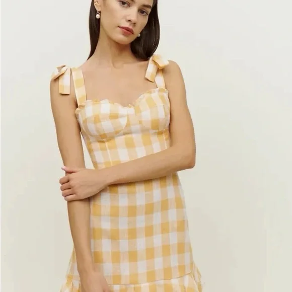 desiree linen dress reformation Reformation Desiree Linen Dress Dandelion Check Size 0